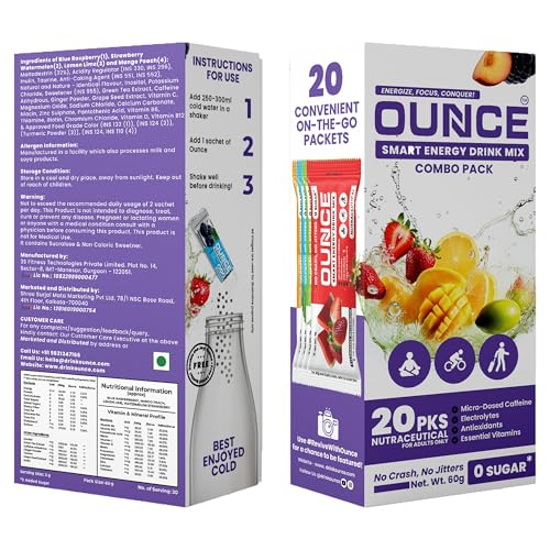 Ounce Energy Drink Powder + Electrolyte Powder - 20 On-The-Go Caffeine + Electrolytes No Sugar Drink Mix Sachet boosted with Vitamin B12 Powder, Biotin for Hair Growth, Antioxidants & Multivitamins