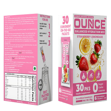 Ounce Electrolyte Powder Sugar Free - 30 Strawberry Lemonade Hydration Powder Drink Mix Sachet with 6 Keto Electrolytes no Sugar : Na, Mg, Ca, K, P & Cl boosted with Vitamins B12 & C for Isotonic Energy Drink