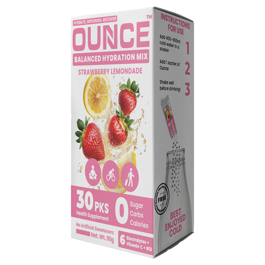 Ounce Electrolyte Powder Sugar Free - 30 Strawberry Lemonade Hydration Powder Drink Mix Sachet with 6 Keto Electrolytes no Sugar : Na, Mg, Ca, K, P & Cl boosted with Vitamins B12 & C for Isotonic Energy Drink