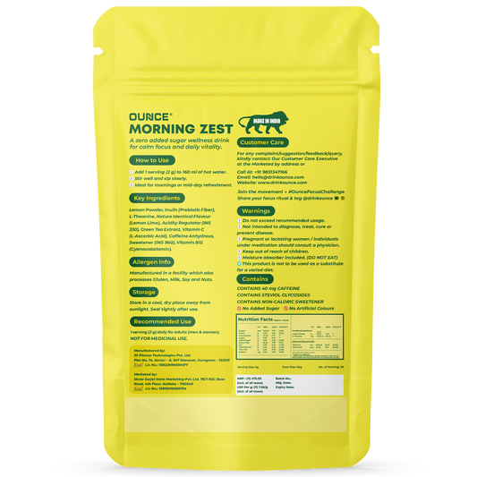 Ounce Hot Lemon Energy Drink Mix (30 Cups) | Sugar Free Energy Drink Powder with Caffeine, L-Theanine, Inulin, Vitamin C & B12 for Focus & Calm Energy | Lemon Tea Flavour Wellness Drink | 60g
