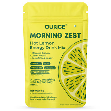 Ounce Hot Lemon Energy Drink Mix (10 Cups) | Sugar Free Energy Drink Powder with Caffeine, L-Theanine, Inulin, Vitamin C & B12 for Focus & Calm Energy | Lemon Tea Flavour Wellness Drink | 20g