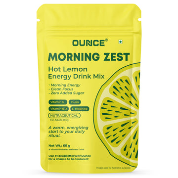 Ounce Hot Lemon Energy Drink Mix (30 Cups) | Sugar Free Energy Drink Powder with Caffeine, L-Theanine, Inulin, Vitamin C & B12 for Focus & Calm Energy | Lemon Tea Flavour Wellness Drink | 60g